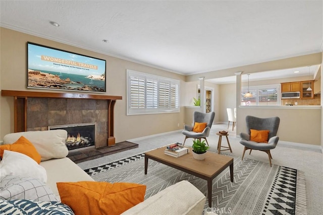 4441 Avocado Ave, Yorba Linda, CA 92886 - living area with carpet flooring, ornamental molding, a tile fireplace, and plenty of natural light