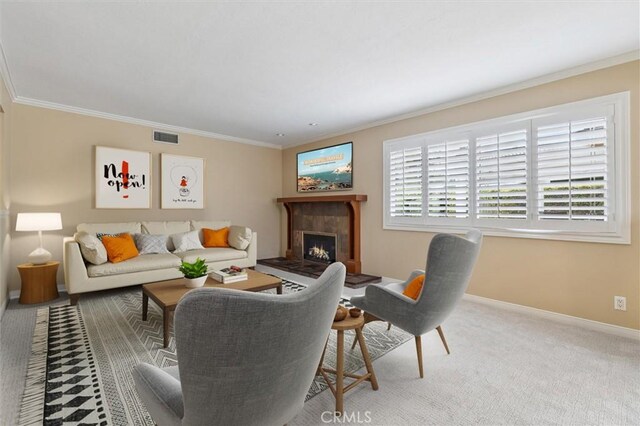4441 Avocado Ave, Yorba Linda, CA 92886 - living room with ornamental molding, carpet, and a tiled fireplace