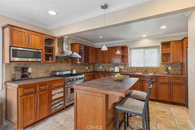 4441 Avocado Ave, Yorba Linda, CA 92886 - kitchen featuring stainless steel appliances, wall chimney range hood, open shelves, a kitchen bar, and brown cabinetry