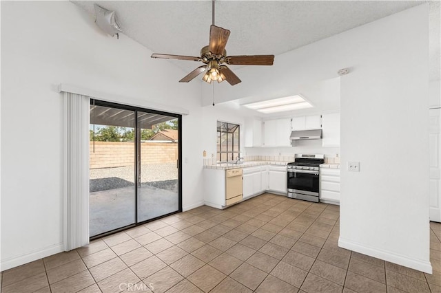 37756 45th, Palmdale, CA 93552 - kitchen featuring stainless steel range with gas cooktop, under cabinet range hood, light countertops, white dishwasher, and a ceiling fan