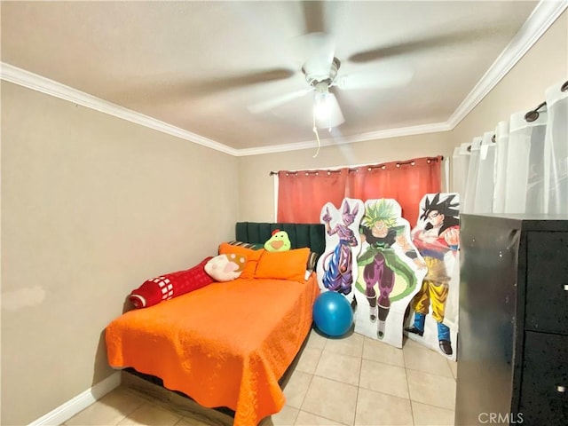 218 E 60th St, Los Angeles, CA 90003 - bedroom featuring ornamental molding, tile patterned flooring, and ceiling fan