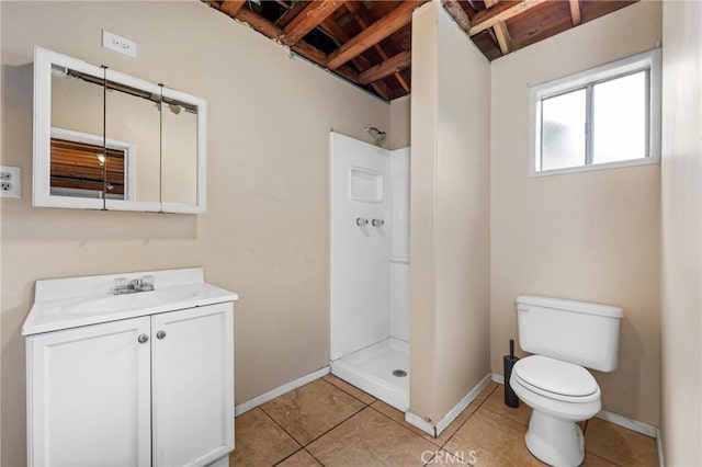 9912 Marshall St, El Monte, CA 91731 - bathroom featuring a stall shower, vanity, tile patterned flooring, and a wooden ceiling with exposed beams