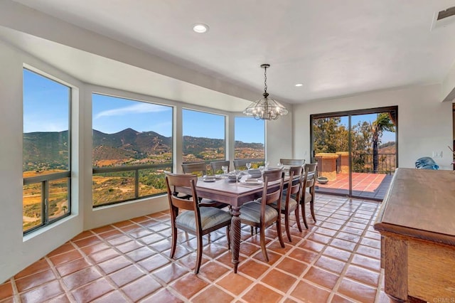 2702 Country Club Dr, Escondido, CA 92029 - dining room with a mountain view, a chandelier, recessed lighting, and light tile patterned floors