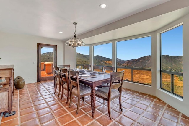 2702 Country Club Dr, Escondido, CA 92029 - dining space featuring a chandelier, a mountain view, recessed lighting, and light tile patterned floors