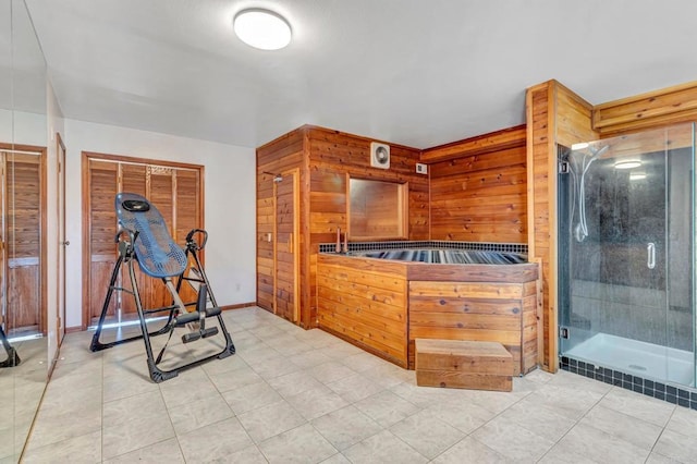 2702 Country Club Dr, Escondido, CA 92029 - exercise area with tile patterned floors and wood walls