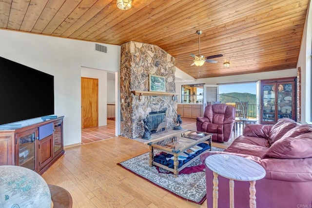 2702 Country Club Dr, Escondido, CA 92029 - living area with wood ceiling, vaulted ceiling, a fireplace, wood finished floors, and ceiling fan