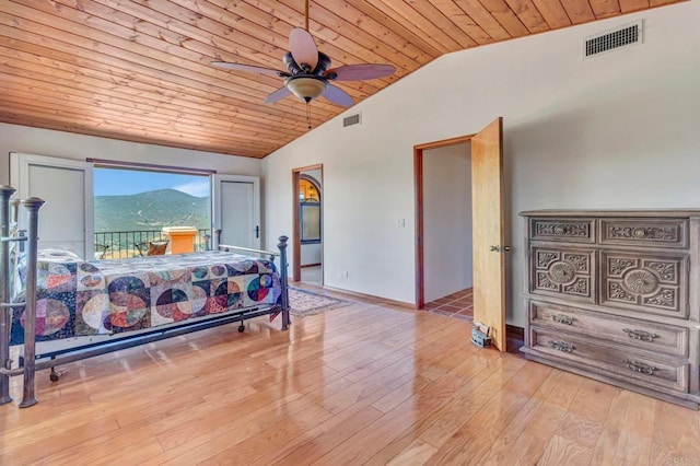 2702 Country Club Dr, Escondido, CA 92029 - bedroom featuring wood ceiling, access to outside, lofted ceiling, light wood-type flooring, and a ceiling fan
