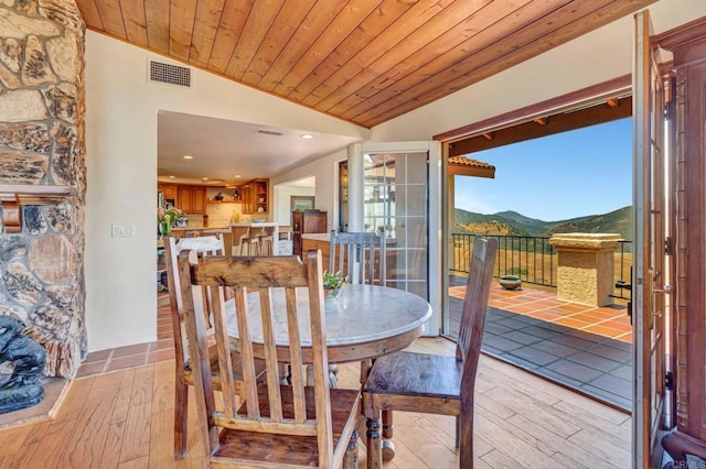 2702 Country Club Dr, Escondido, CA 92029 - dining area with lofted ceiling, wood-type flooring, a mountain view, wood ceiling, and recessed lighting