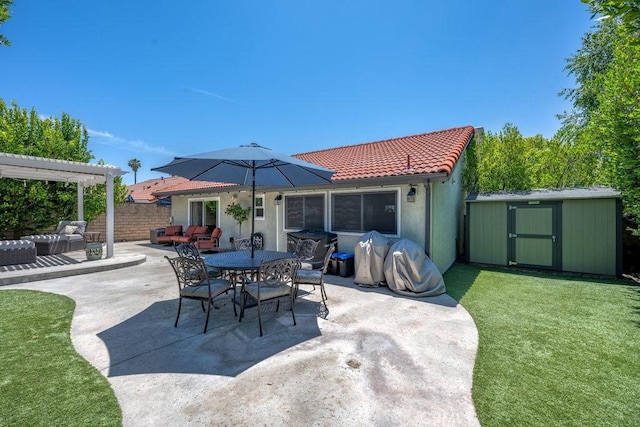 27817 Wakefield Rd, Castaic, CA 91384 - view of patio / terrace with outdoor lounge area, a storage shed, a pergola, and outdoor dining area