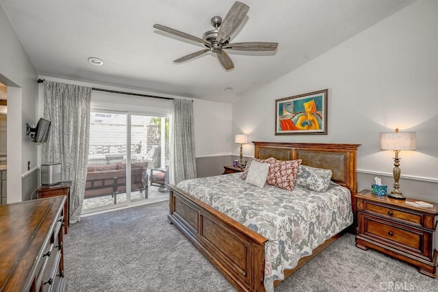 27817 Wakefield Rd, Castaic, CA 91384 - bedroom featuring access to exterior, light colored carpet, vaulted ceiling, and ceiling fan