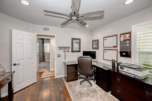 27817 Wakefield Rd, Castaic, CA 91384 - office with a ceiling fan, dark wood-type flooring, and recessed lighting