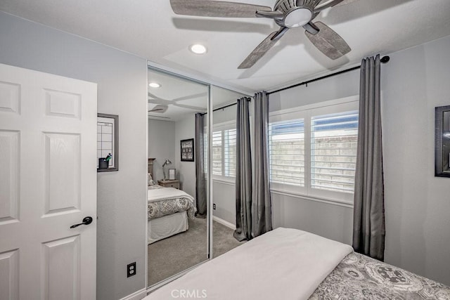 27817 Wakefield Rd, Castaic, CA 91384 - bedroom featuring a closet, carpet flooring, a ceiling fan, and recessed lighting