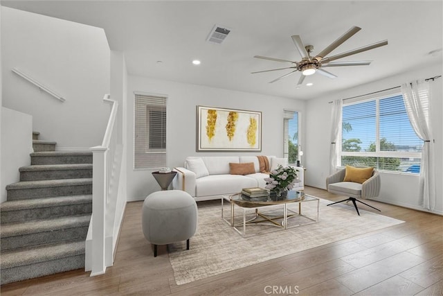 12039 Stanley Park Ct, Hawthorne, CA 90250 - living room featuring a ceiling fan, stairs, wood finished floors, and recessed lighting
