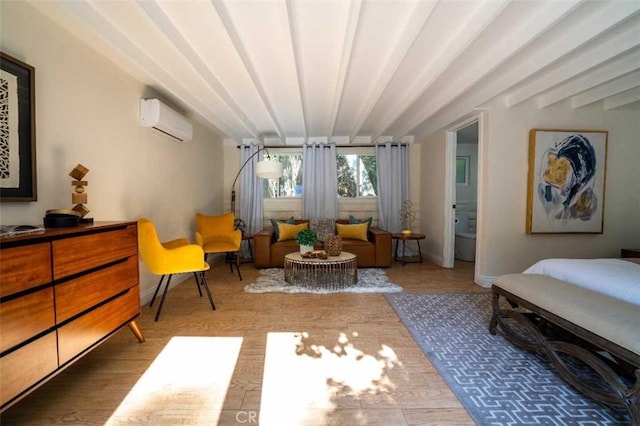 3183 N Laurel Canyon Blvd, Studio City, CA 91604 - living area with a wall mounted air conditioner, wood finished floors, and beam ceiling