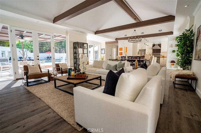 3183 N Laurel Canyon Blvd, Studio City, CA 91604 - living area with dark wood finished floors, beam ceiling, a ceiling fan, a chandelier, and high vaulted ceiling