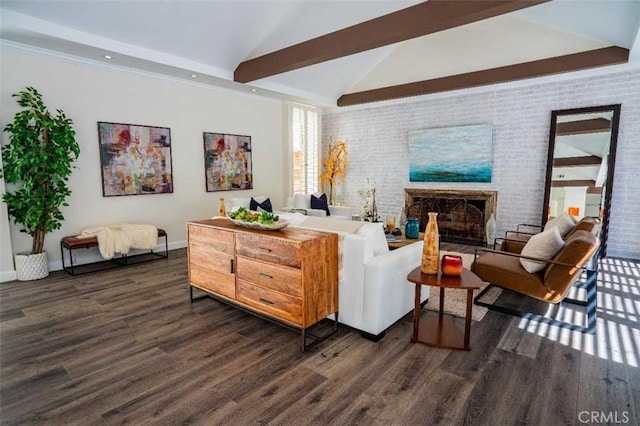 3183 N Laurel Canyon Blvd, Studio City, CA 91604 - living room with dark wood-style flooring, brick wall, a fireplace, and recessed lighting