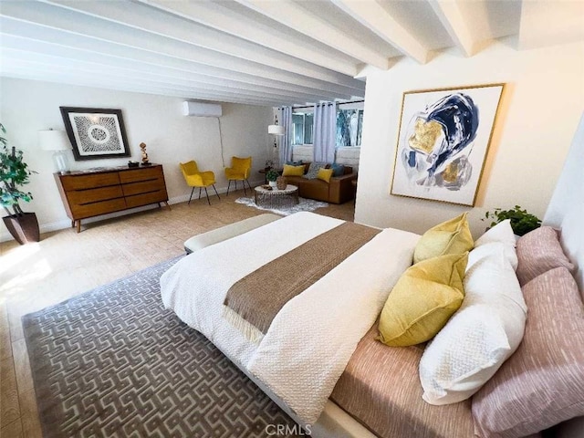 3183 N Laurel Canyon Blvd, Studio City, CA 91604 - bedroom featuring a wall mounted AC, beam ceiling, and wood finished floors