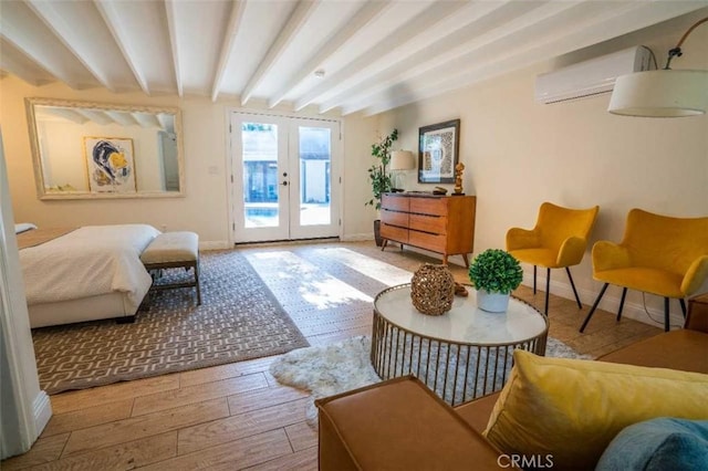3183 N Laurel Canyon Blvd, Studio City, CA 91604 - living room with beamed ceiling, hardwood / wood-style flooring, french doors, and a wall mounted air conditioner