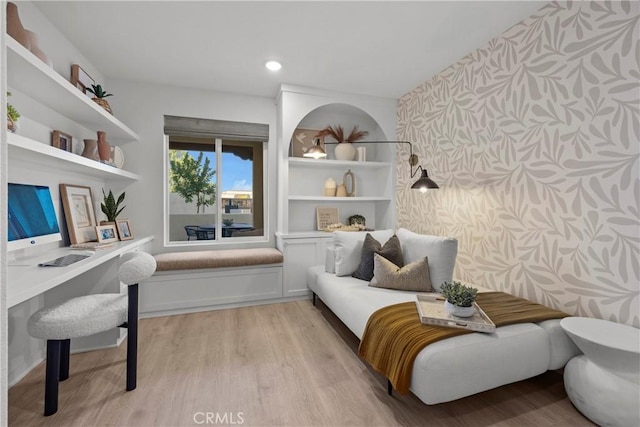 7348 Foster Bridge Blvd, Downey, CA 90240 - office with light wood-type flooring, wallpapered walls, and recessed lighting