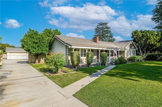 1419 S 4th Ave, Arcadia, CA 91006 - ranch-style house featuring a front yard, a chimney, driveway, an outdoor structure, and stucco siding