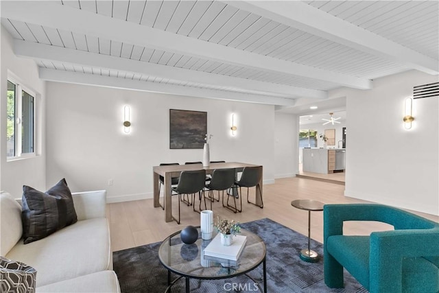 12934 Fenton Ave, Sylmar, CA 91342 - living area featuring healthy amount of natural light, wood finished floors, beam ceiling, and a ceiling fan