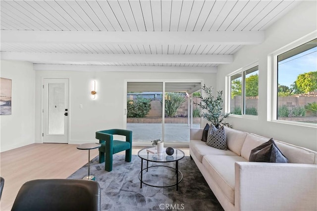 12934 Fenton Ave, Sylmar, CA 91342 - living room featuring wood finished floors and a wood ceiling with exposed beams