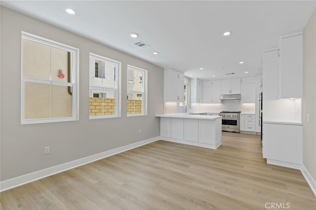 573 Patten Ave, Placentia, CA 92870 - kitchen featuring stainless steel range, under cabinet range hood, a peninsula, light countertops, and white cabinetry