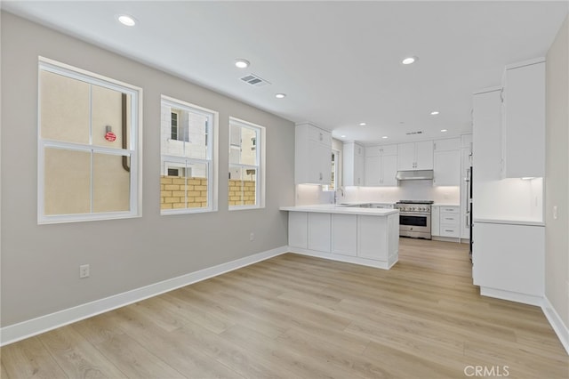 573 Patten Ave, Placentia, CA 92870 - kitchen featuring high end range, under cabinet range hood, a peninsula, light countertops, and white cabinets
