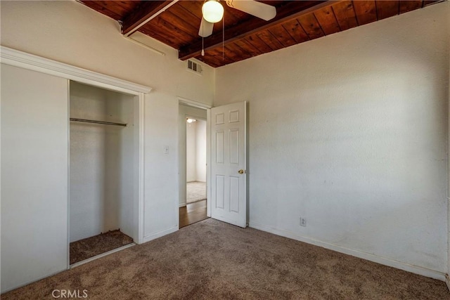 4523 Columbia Ave, Riverside, CA 92501 - unfurnished bedroom with a wooden ceiling with exposed beams, carpet floors, a closet, and ceiling fan