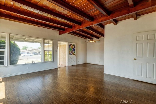 4523 Columbia Ave, Riverside, CA 92501 - empty room with hardwood / wood-style flooring, a wood ceiling with exposed beams, and a ceiling fan