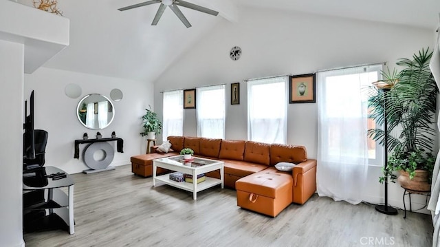 10361 Perdido St, Anaheim, CA 92804 - living room featuring beamed ceiling, light wood finished floors, ceiling fan, and high vaulted ceiling