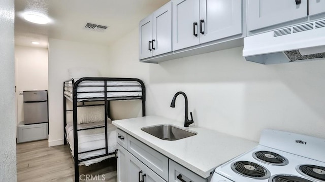 10361 Perdido St, Anaheim, CA 92804 - kitchen featuring white electric stove, under cabinet range hood, light countertops, and light wood-style floors