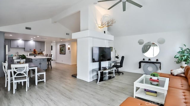 10361 Perdido St, Anaheim, CA 92804 - living room with light wood-style flooring, a ceiling fan, high vaulted ceiling, and beamed ceiling