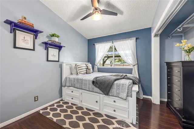 15503 Fernview St, Whittier, CA 90604 - bedroom featuring a textured ceiling, vaulted ceiling, wood finished floors, and a ceiling fan