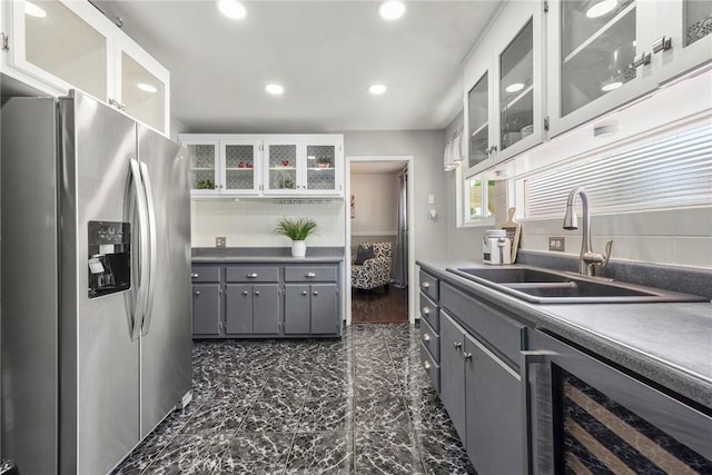 15503 Fernview St, Whittier, CA 90604 - kitchen featuring stainless steel refrigerator with ice dispenser, wine cooler, gray cabinets, recessed lighting, and white cabinets