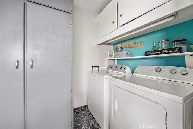 15503 Fernview St, Whittier, CA 90604 - laundry area featuring cabinet space, separate washer and dryer, and dark marble finish flooring