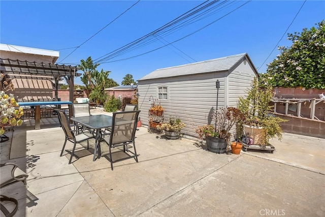 15503 Fernview St, Whittier, CA 90604 - fenced backyard featuring outdoor dining area, a patio area, a pergola, and an outbuilding