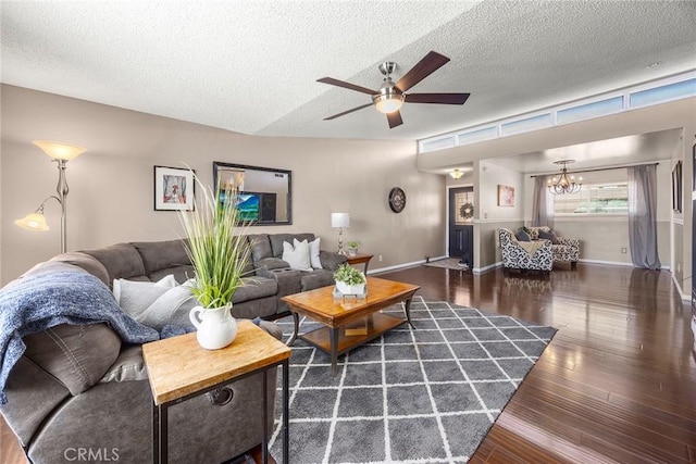 15503 Fernview St, Whittier, CA 90604 - living room featuring a textured ceiling, a chandelier, ceiling fan, and wood finished floors