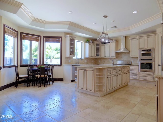 4526 Katherine Ave, Sherman Oaks, CA 91423 - kitchen featuring cream cabinetry, wall chimney range hood, open shelves, crown molding, and recessed lighting
