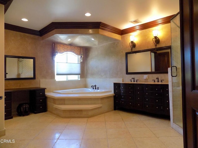 4526 Katherine Ave, Sherman Oaks, CA 91423 - bathroom featuring crown molding, double vanity, a bath, tile patterned floors, and recessed lighting