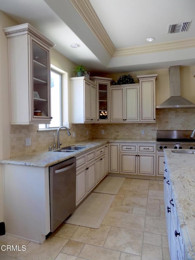 4526 Katherine Ave, Sherman Oaks, CA 91423 - kitchen featuring wall chimney exhaust hood, stainless steel dishwasher, crown molding, backsplash, and range