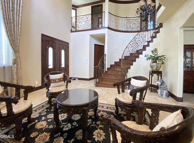 4526 Katherine Ave, Sherman Oaks, CA 91423 - foyer with stairway, a towering ceiling, and a chandelier