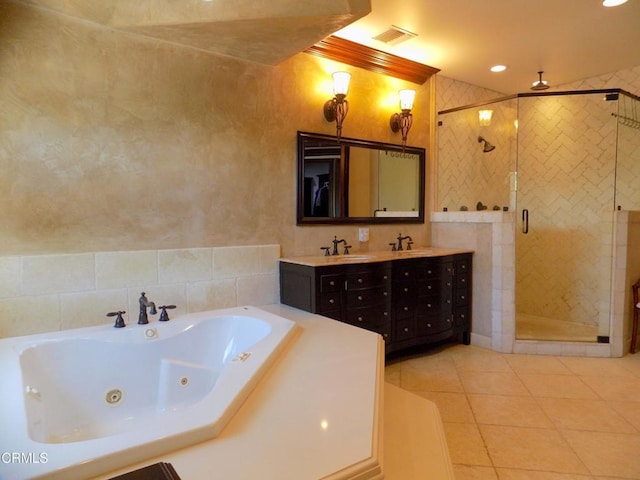 4526 Katherine Ave, Sherman Oaks, CA 91423 - bathroom with a shower stall, a tub with jets, double vanity, tile patterned floors, and recessed lighting