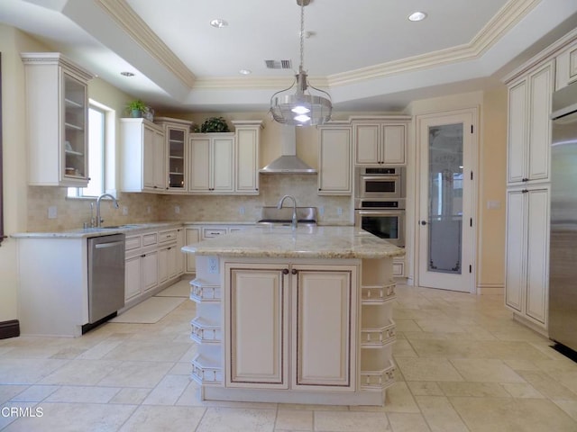 4526 Katherine Ave, Sherman Oaks, CA 91423 - kitchen featuring open shelves, stainless steel appliances, wall chimney range hood, a raised ceiling, and light stone countertops