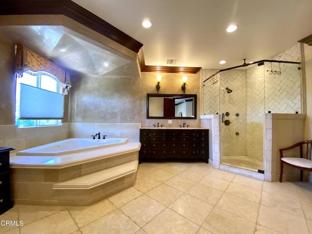 4526 Katherine Ave, Sherman Oaks, CA 91423 - bathroom featuring double vanity, a garden tub, a shower stall, recessed lighting, and tile patterned floors