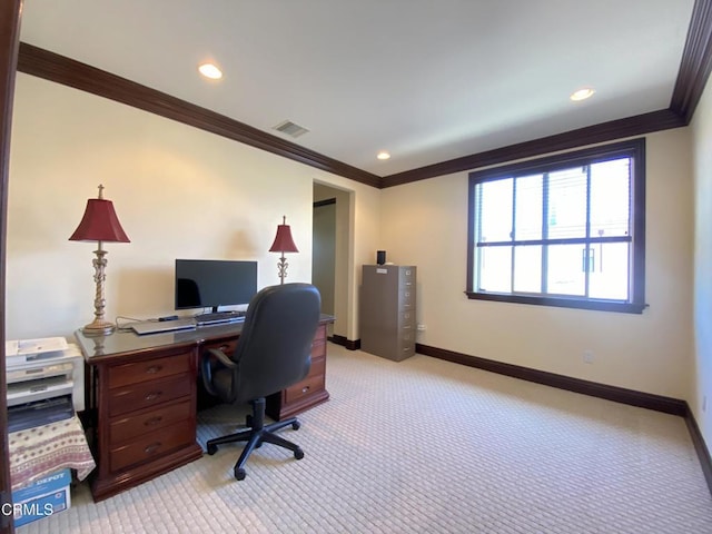 4526 Katherine Ave, Sherman Oaks, CA 91423 - home office with crown molding, light colored carpet, and recessed lighting