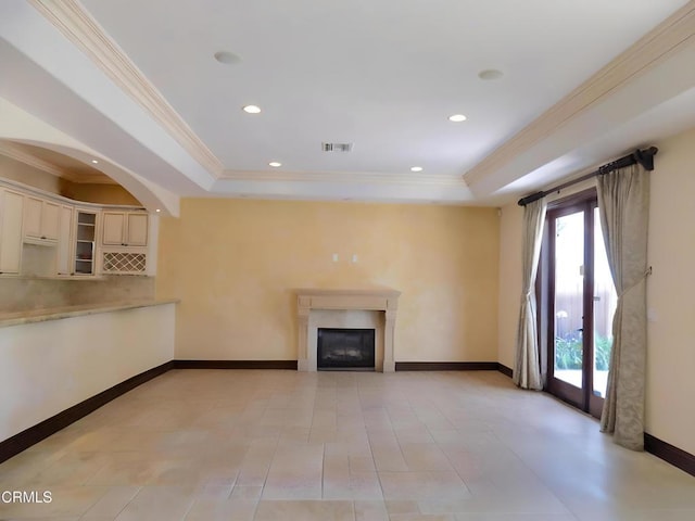 4526 Katherine Ave, Sherman Oaks, CA 91423 - unfurnished living room featuring a raised ceiling, crown molding, recessed lighting, and a fireplace