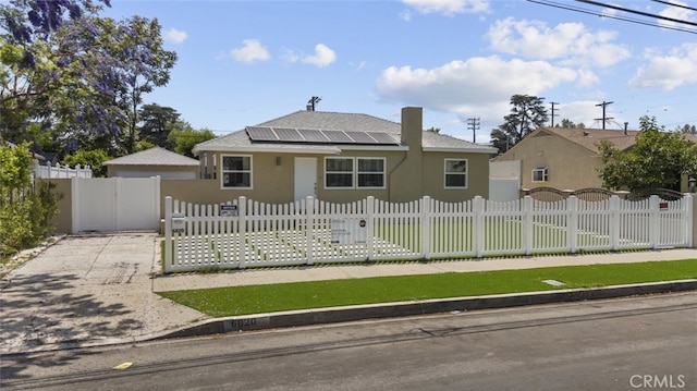 6820 Jellico Ave, Van Nuys, CA 91406 - bungalow-style home with solar panels, stucco siding, a shingled roof, a fenced front yard, and a gate