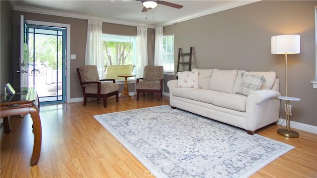 412 N Mallagh St, Nipomo, CA 93444 - living area with light wood finished floors, crown molding, and a ceiling fan