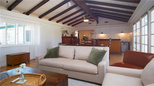 412 N Mallagh St, Nipomo, CA 93444 - living room featuring wood finished floors, a ceiling fan, and wood ceiling